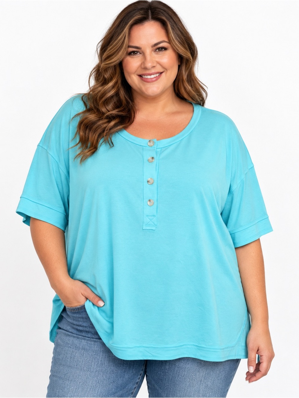 Andrée by Unit Reasonable Assumption Aqua Henley Top 1X/2X NWT